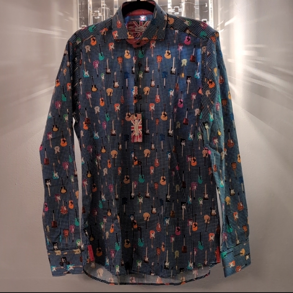 7 DOWNIE STREET NEW W TAGS. Cool Multicolor Guitar Print Blue Button Down Shirt